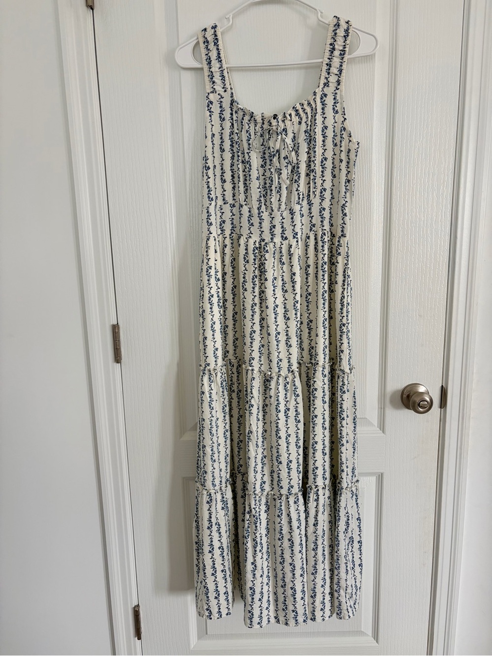 Sleeveless Cream Maxi Dress with Navy Floral Stripe